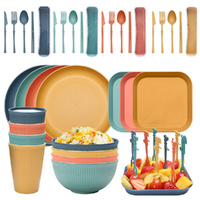 Four-person Set Multicolor Eco-Friendly Wheat Straw Dinnerware Set,  Plate, Bowl, Cup &amp; Utensil Set - Lightweight, Reusable, and Durable for Home, Sch