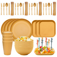 Four-person Set Yellow Eco-Friendly Wheat Straw Dinnerware Set,  Plate, Bowl, Cup &amp; Utensil Set - Lightweight, Reusable, and Durable for Home, School,