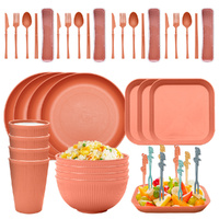 Four-person Set Orange Eco-Friendly Wheat Straw Dinnerware Set,  Plate, Bowl, Cup &amp; Utensil Set - Lightweight, Reusable, and Durable for Home, School,