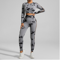 Light Gray Size M Tie-Dye Yoga Set Long Sleeve Butt Lift Leggings Seamless Workout Training Gym Clothes