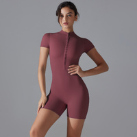 Dark Red Size M Women's Summer Zip-Up Bodysuit - Short Sleeve, High Stretch Yoga &amp; Dance Outfit, Breathable Fitness Wear