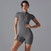 Dark Grey Size M Women&#39;s Summer Zip-Up Bodysuit - Short Sleeve, High Stretch Yoga &amp; Dance Outfit, Breathable Fitness Wear