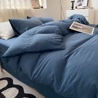 Dark-blue Solid Color Solid Color Solid Color 1.5m Bed Fitted Sheet Set with 200x230cm Duvet Cover - 4-Piece Bedding Set