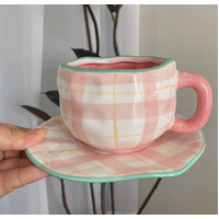 Pink Plaid 300ML Underglaze Hand-Pinched Cup and Saucer Set - Ceramic Coffee Mug Milk Cup Breakfast Set
