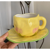 Yellow Tulip 300ML Underglaze Hand-Pinched Cup and Saucer Set - Ceramic Coffee Mug Milk Cup Breakfast Set