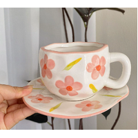 Pink Flowers On A White Background 300ML Underglaze Hand-Pinched Cup and Saucer Set - Ceramic Coffee Mug Milk Cup Breakfast Set