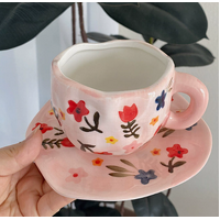 Pink Background Large Floral 300ML Underglaze Hand-Pinched Cup and Saucer Set - Ceramic Coffee Mug Milk Cup Breakfast Set