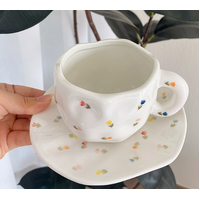 White Background Little Floral 300ML Underglaze Hand-Pinched Cup and Saucer Set - Ceramic Coffee Mug Milk Cup Breakfast Set