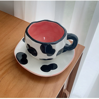 Milk Cow 300ML Underglaze Hand-Pinched Cup and Saucer Set - Ceramic Coffee Mug Milk Cup Breakfast Set