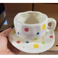 Colorful Polka Dots 300ML Underglaze Hand-Pinched Cup and Saucer Set - Ceramic Coffee Mug Milk Cup Breakfast Set
