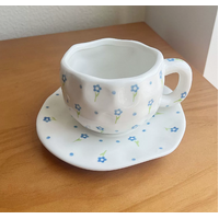 White With Small Blue Fowers 300ML Underglaze Hand-Pinched Cup and Saucer Set - Ceramic Coffee Mug Milk Cup Breakfast Set