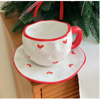 Red Edge Love 300ML Underglaze Hand-Pinched Cup and Saucer Set - Ceramic Coffee Mug Milk Cup Breakfast Set