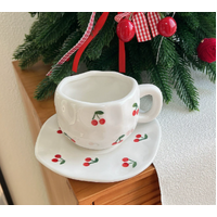 Red Cherry 300ML Underglaze Hand-Pinched Cup and Saucer Set - Ceramic Coffee Mug Milk Cup Breakfast Set
