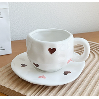 Two-color Love 300ML Underglaze Hand-Pinched Cup and Saucer Set - Ceramic Coffee Mug Milk Cup Breakfast Set