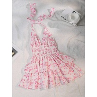 S Pink Chic Floral Halter Mini Dress - Ruffled Hem, Open Back - Perfect for Vacation