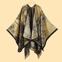 Jiangnan Waterfront - Yellowish Brown Elegant Autumn Winter Shawl - Artistic Split-Design Knit Cloak with Oil Painting Style