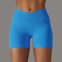 Blue Seamless Knitted Breathable Solid Color Cross Waist Yoga Shorts for Running and Fitness (Size S)