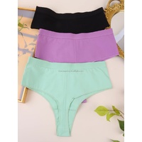 3 pcs（MINT green+Black+Violet） High-Waisted Solid Color Cotton Comfort Plus Size Tummy Control Thong Panties for Women – Size M
