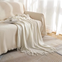 Beige Premium Woven Knitted Throw Blanket with Tassels | Soft, Cozy Sofa &amp; Bed Blanket, Perfect for Office or Afternoon Naps 127x172cm
