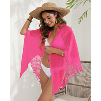 Rose red Women's Mesh Detail Beach Wrap - Tassel Trim Swim Cover-Up 95x195cm