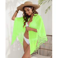 Fluorescent green Women&#39;s Mesh Detail Beach Wrap - Tassel Trim Swim Cover-Up 95x195cm