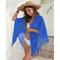 Blue Women's Mesh Detail Beach Wrap - Tassel Trim Swim Cover-Up 95x195cm