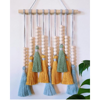 Colorful Tassel Wall Hanging-Wooden Beads Boho Tapestry Home Decor (Light Blue)
