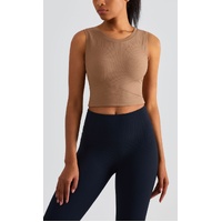 Size 8 Brown Fixed Cup Sports Bra with Cross-Back Design - Seamless Yoga Bra for Women