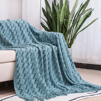 130*180CM Blue Modern Knitted Throw Blanket with Tassels - Soft &amp; Lightweight for Sofa, Bed, and Office