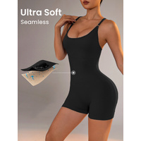 Size L Black Nylon Seamless Yoga Bodysuit - Women's Athletic Romper, Crisscross Back, Workout Jumpsuit