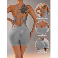 Size L Light Grey Nylon Seamless Yoga Bodysuit - Women's Athletic Romper, Crisscross Back, Workout Jumpsuit
