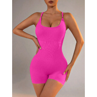 Size M Rose Red Grey Nylon Seamless Yoga Bodysuit - Women's Athletic Romper, Crisscross Back, Workout Jumpsuit