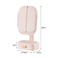Pink LED Lighted Tri-Fold Makeup Mirror with Storage Drawer &amp; Magnification(USB Charging Port)