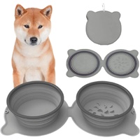 Grey Portable Collapsible Pet Bowl Set - Food-Grade Silicone Double Bowl for Dogs &amp; Cats, Anti-Slip &amp; Easy to Clean