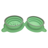 Green Portable Collapsible Pet Bowl Set - Food-Grade Silicone Double Bowl for Dogs &amp; Cats, Anti-Slip &amp; Easy to Clean