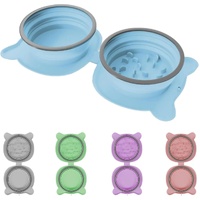 Blue Portable Collapsible Pet Bowl Set - Food-Grade Silicone Double Bowl for Dogs &amp; Cats, Anti-Slip &amp; Easy to Clean