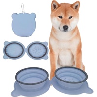 Dark Blue Portable Collapsible Pet Bowl Set - Food-Grade Silicone Double Bowl for Dogs &amp; Cats, Anti-Slip &amp; Easy to Clean
