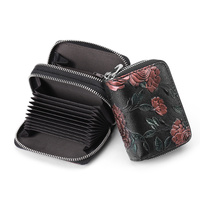 Black Background With Red Roses Floral Embossed Genuine Leather Card Holder - Large Capacity 10 Card Slots, RFID Blocking, Double Zipper Coin Pouch