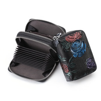 Black Background With Colorful Roses Floral Embossed Genuine Leather Card Holder - Large Capacity 10 Card Slots, RFID Blocking, Double Zipper Coin Pou