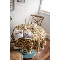 Round Sunflower Tablecloth - Jacquard Woven Cotton with Fringe Trim (120cm)