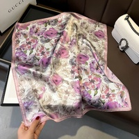 Purple Pure Silk Scarf - Elegant Flower Design, Square Handkerchief (Style 7)