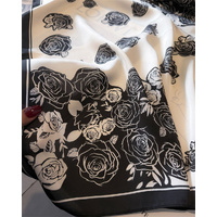 Black Pure Silk Scarf - Elegant Flower Design, Square Handkerchief (Style 10)