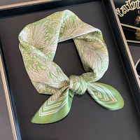 Green Pure Silk Scarf - Elegant Flower Design, Square Handkerchief (Style 14)