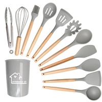 Light Grey And Brown 12-Piece Silicone Kitchen Utensil Set - Non-Stick Food-Grade Silicone Cooking Tools with Wooden Handles and Holder