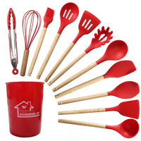 Red And Brown 12-Piece Silicone Kitchen Utensil Set - Non-Stick Food-Grade Silicone Cooking Tools with Wooden Handles and Holder