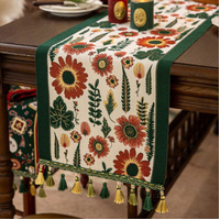 35x260cm Green Pastoral Table Runner - Spring Floral Oil Painting Style with Tassels