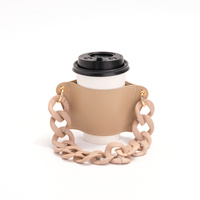 2 Pcs Khaki Detachable Chain Coffee Cup Sleeve - PU Leather Insulated Cup Holder with Handle, 16cm Top, 70g(Cup not included, only cup sleeve and chai