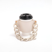 2 Pcs Beige Detachable Chain Coffee Cup Sleeve - PU Leather Insulated Cup Holder with Handle, 16cm Top, 70g(Cup not included, only cup sleeve and chai