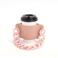 2 Pcs Pink Detachable Chain Coffee Cup Sleeve - PU Leather Insulated Cup Holder with Handle, 16cm Top, 70g(Cup not included, only cup sleeve and chain