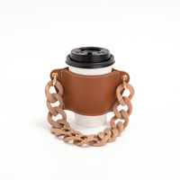 2 Pcs Brown Detachable Chain Coffee Cup Sleeve - PU Leather Insulated Cup Holder with Handle, 16cm Top, 70g(Cup not included, only cup sleeve and chai